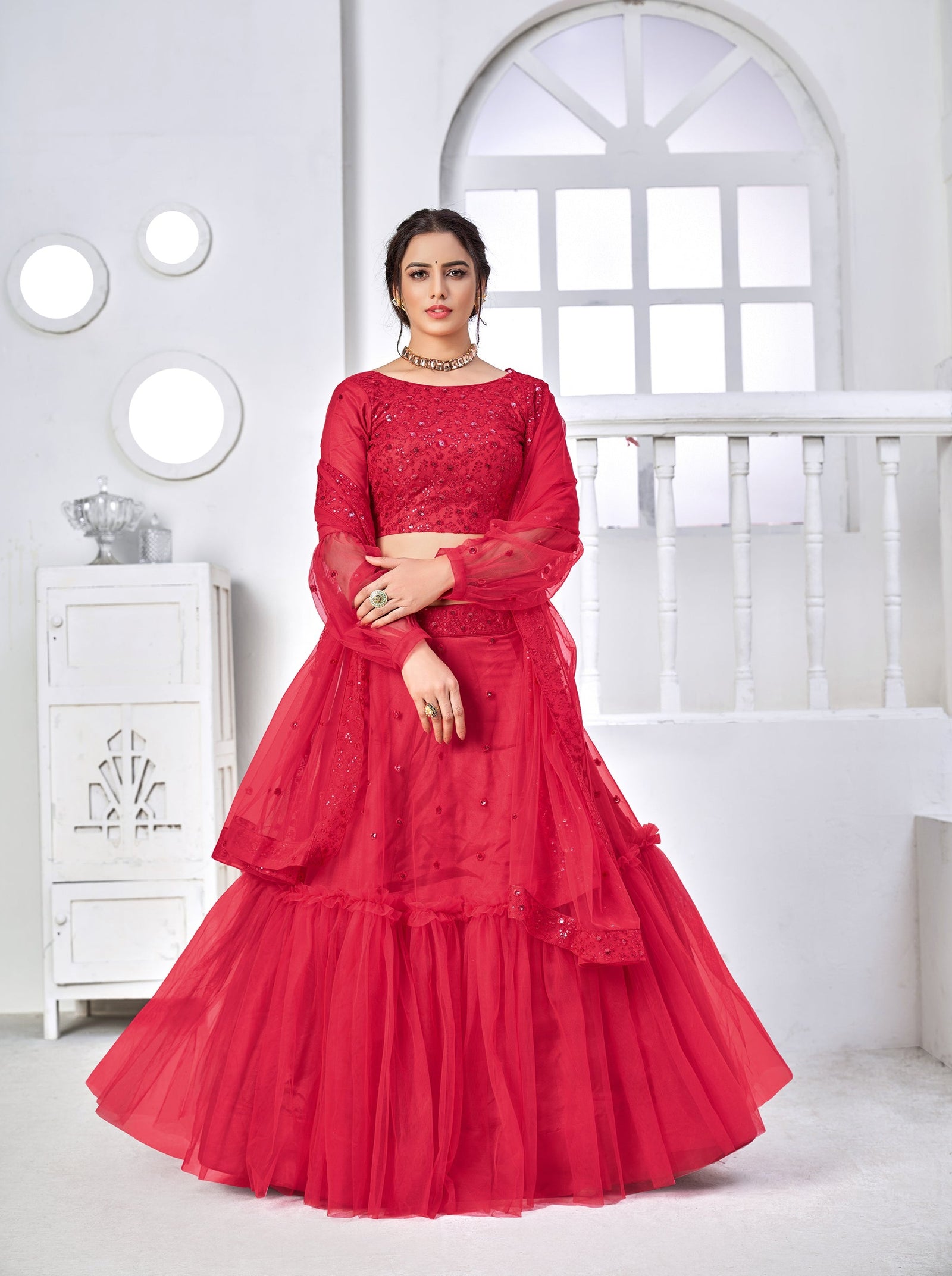 Adorable Rani Pink Thread With Sequins Embroidered Net Party Wear Lehenga Choli ClothsVilla