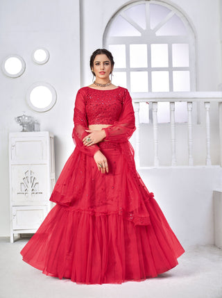 Adorable Rani Pink Thread With Sequins Embroidered Net Party Wear Lehenga Choli ClothsVilla