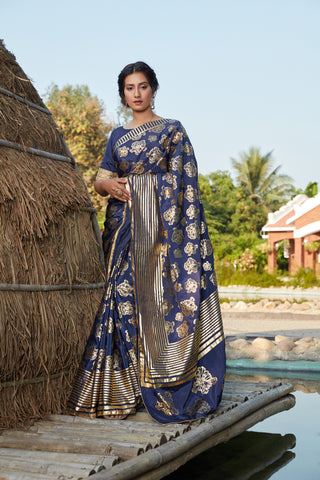 Agreeable Navy Blue Woven Banarasi Silk Party Wear Saree ClothsVilla