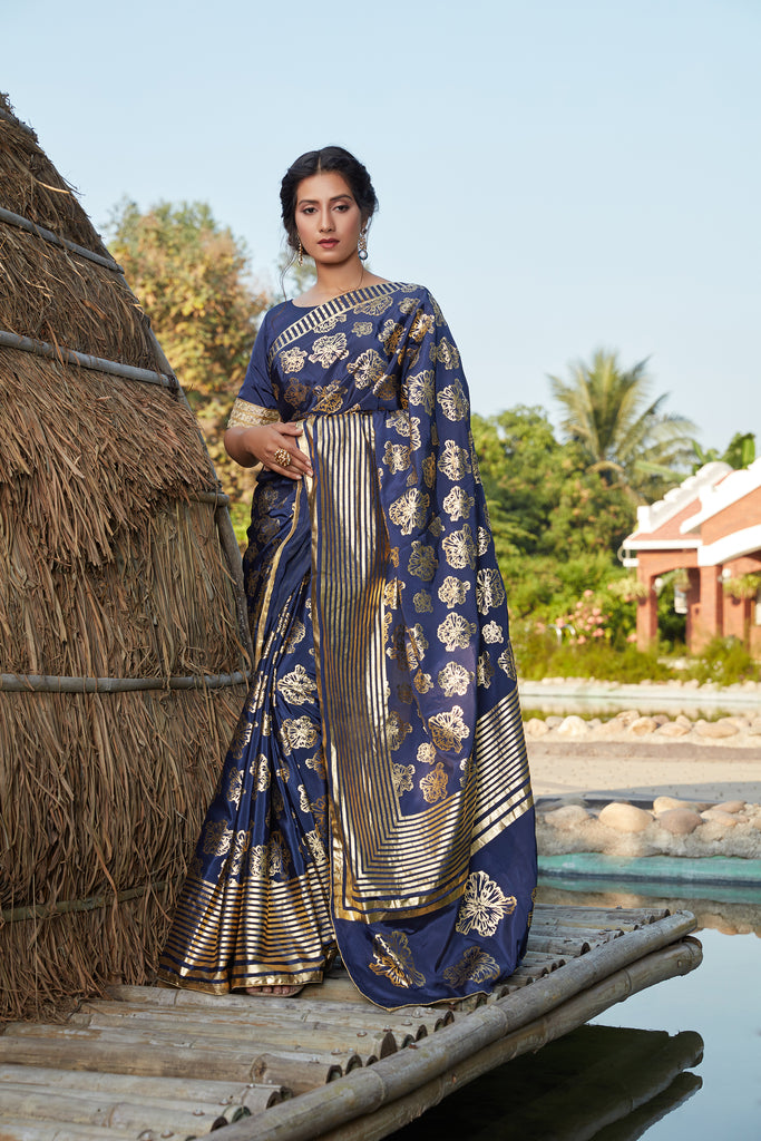 Agreeable Navy Blue Woven Banarasi Silk Party Wear Saree ClothsVilla