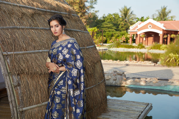 Agreeable Navy Blue Woven Banarasi Silk Party Wear Saree ClothsVilla