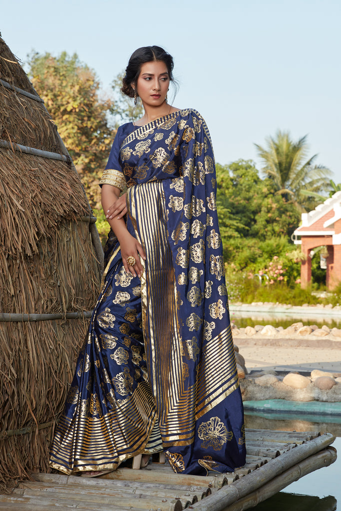 Agreeable Navy Blue Woven Banarasi Silk Party Wear Saree ClothsVilla