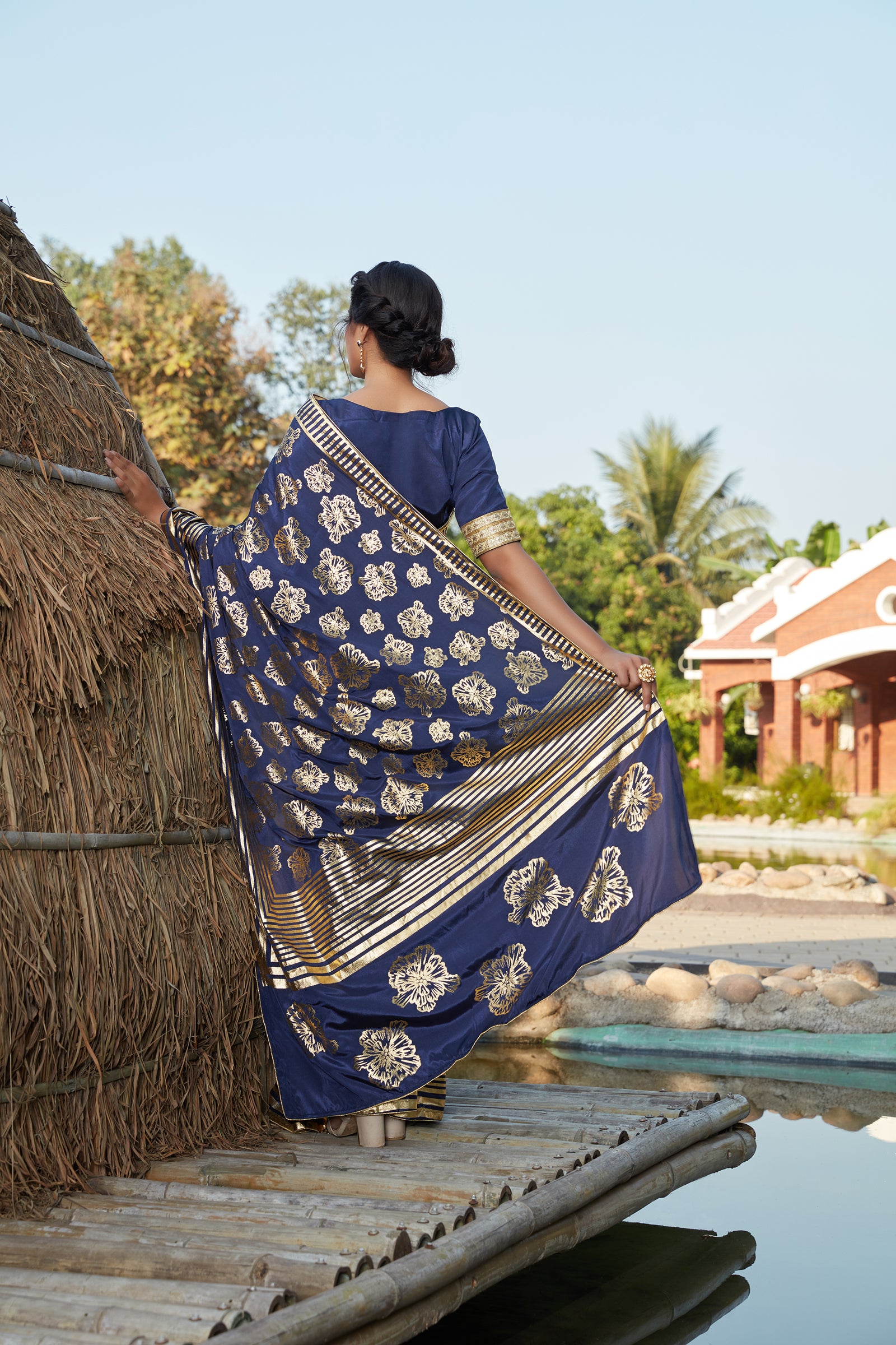 Agreeable Navy Blue Woven Banarasi Silk Party Wear Saree ClothsVilla