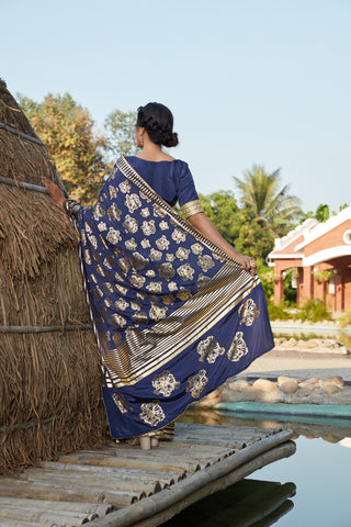 Agreeable Navy Blue Woven Banarasi Silk Party Wear Saree ClothsVilla