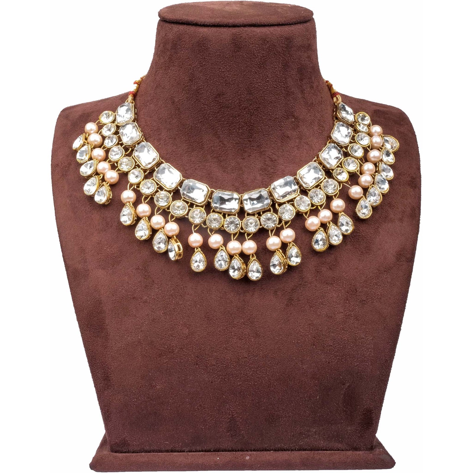 Heavy Dimond and Gold Plated Pearl Necklace Jewel Set (White, Rose Gold) ClothsVilla