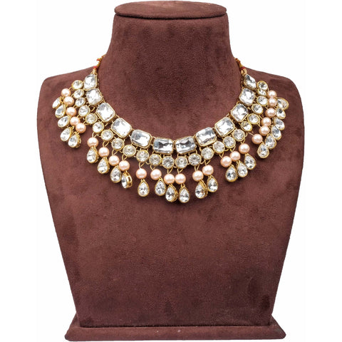 Heavy Dimond and Gold Plated Pearl Necklace Jewel Set (White, Rose Gold) ClothsVilla Main image