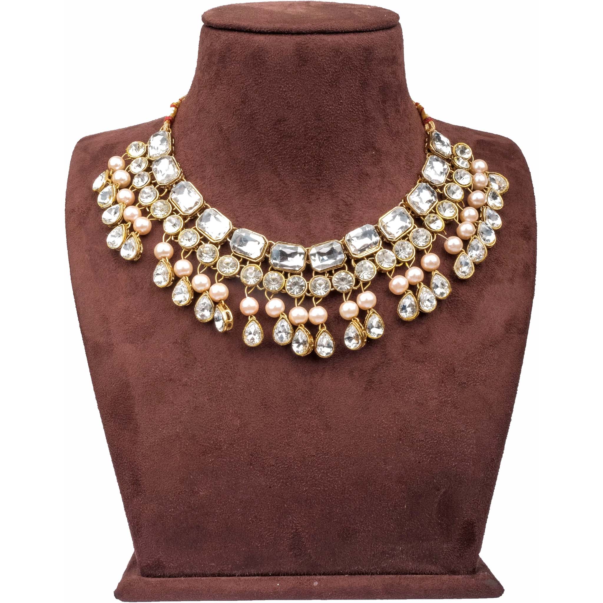 Heavy Dimond and Gold Plated Pearl Necklace Jewel Set (White, Rose Gold) ClothsVilla