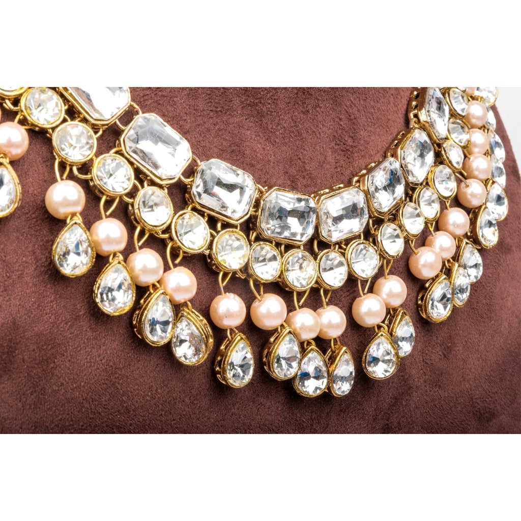 Heavy Dimond and Gold Plated Pearl Necklace Jewel Set (White, Rose Gold) ClothsVilla