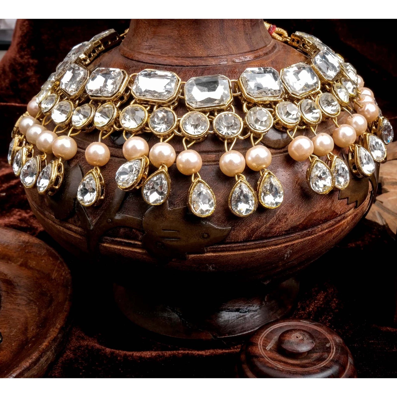 Heavy Dimond and Gold Plated Pearl Necklace Jewel Set (White, Rose Gold) ClothsVilla