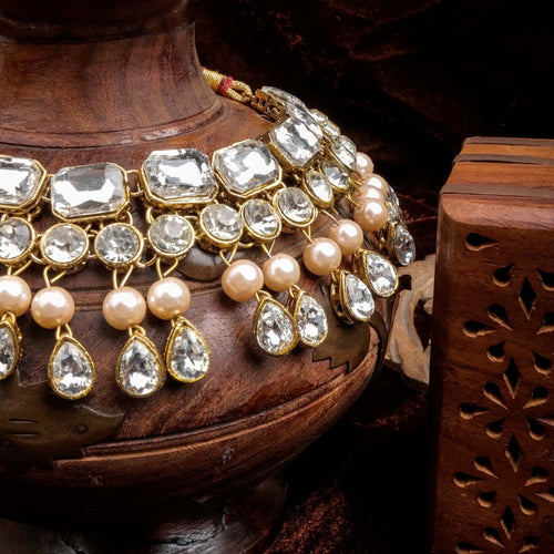 Heavy Dimond and Gold Plated Pearl Necklace Jewel Set (White, Rose Gold) ClothsVilla
