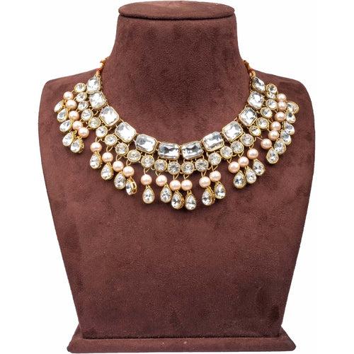 Heavy Dimond and Gold Plated Pearl Necklace Jewel Set (White, Rose Gold) ClothsVilla