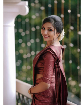 Scintilla Wine Soft Banarasi Silk Saree With Intricate Blouse Piece ClothsVilla