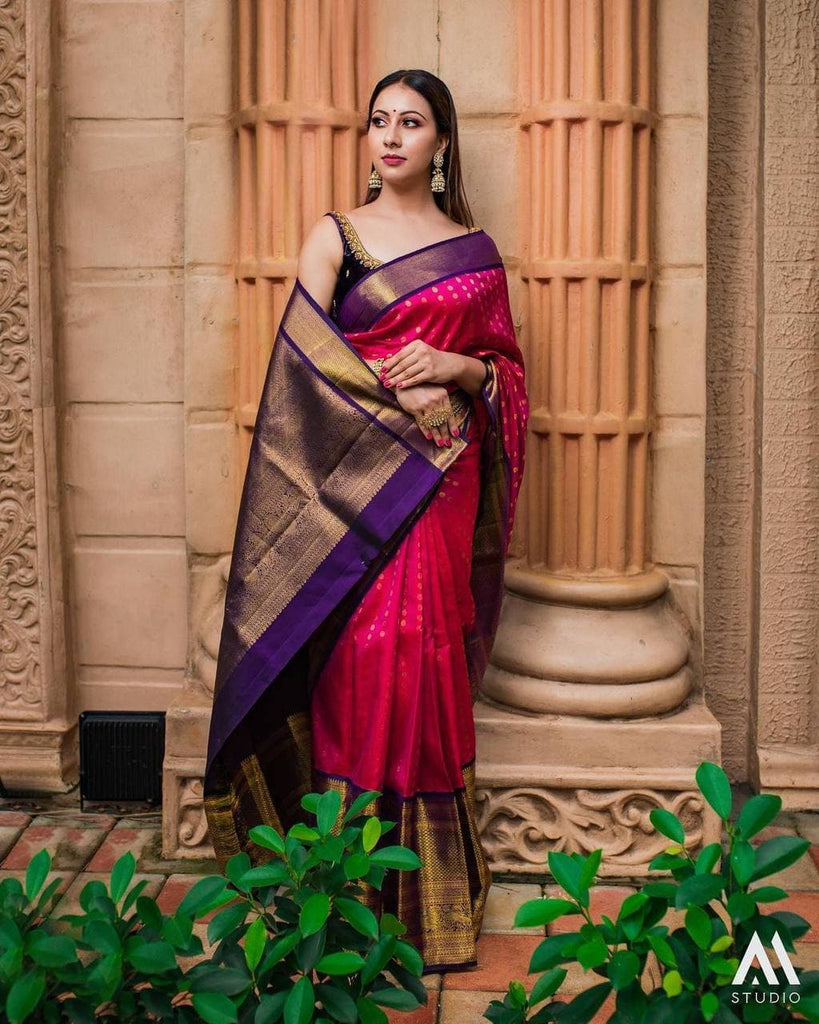 Violet Kanjeevaram Bridal saree with contrast Blouse Combination | Wedding  blouse designs, Bridal saree, Bridal sarees south indian