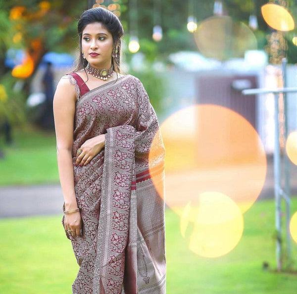 Admirable Dark Maroon Soft Banarasi  Silk Saree With Stylish Blouse Piece ClothsVilla