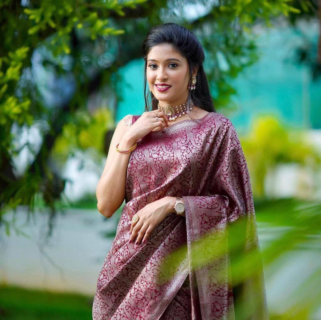 Admirable Dark Maroon Soft Banarasi  Silk Saree With Stylish Blouse Piece ClothsVilla