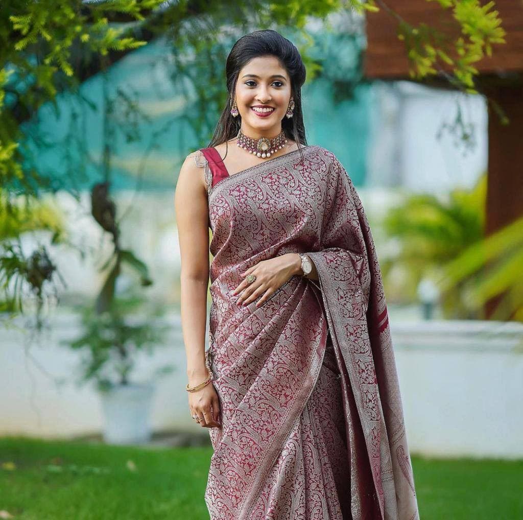 Admirable Dark Maroon Soft Banarasi  Silk Saree With Stylish Blouse Piece ClothsVilla
