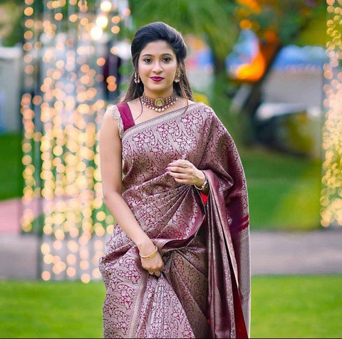 Admirable Dark Maroon Soft Banarasi  Silk Saree With Stylish Blouse Piece ClothsVilla Main image
