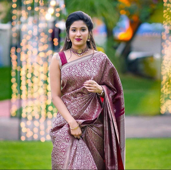 Admirable Dark Maroon Soft Banarasi  Silk Saree With Stylish Blouse Piece ClothsVilla