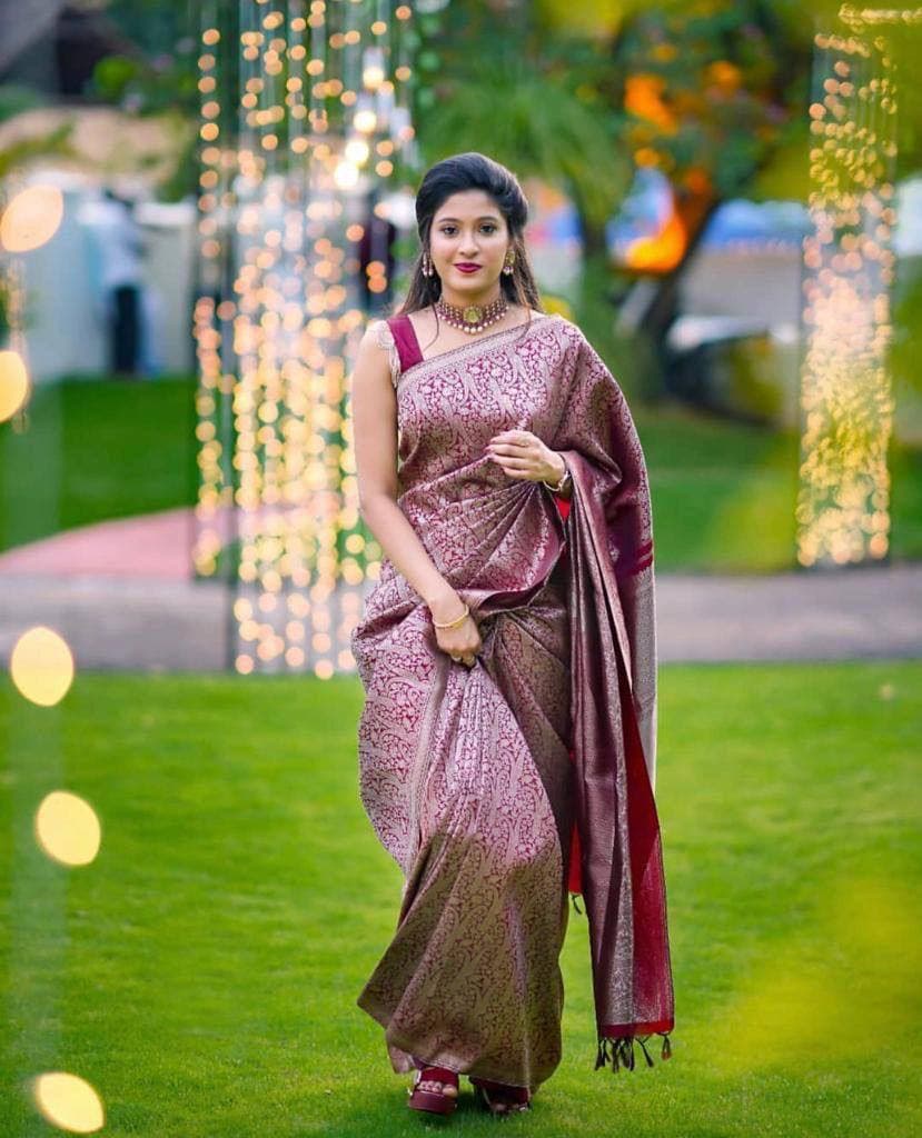 Admirable Dark Maroon Soft Banarasi  Silk Saree With Stylish Blouse Piece ClothsVilla