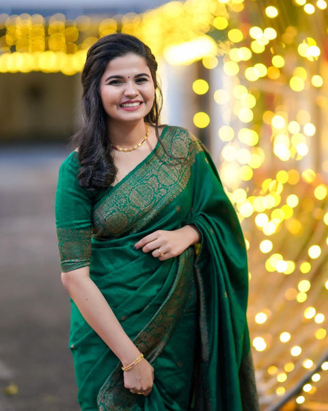 Artistic Green Soft Banarasi Silk Saree With Lovely Blouse Piece ClothsVilla Main image