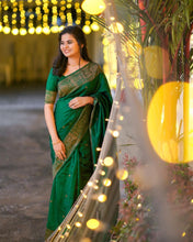 Load image into Gallery viewer, Artistic Green Soft Banarasi Silk Saree With Lovely Blouse Piece ClothsVilla