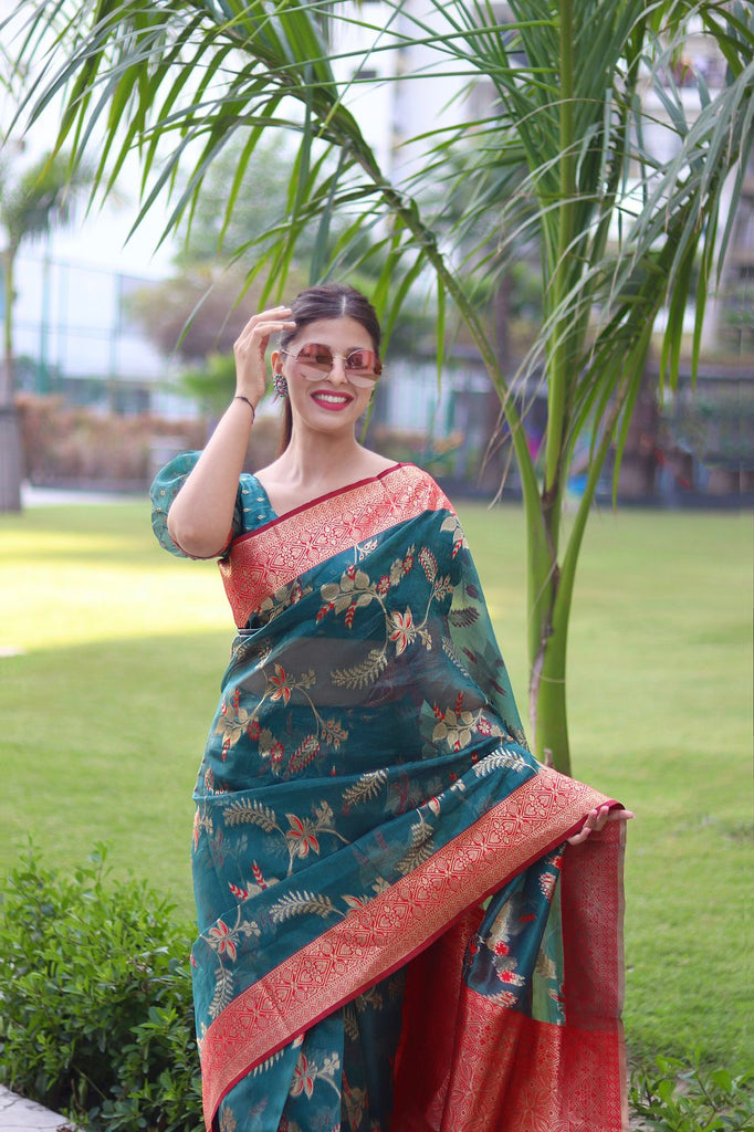 Devastating Rama Organza Silk Saree With Glowing Blouse Piece ClothsVilla
