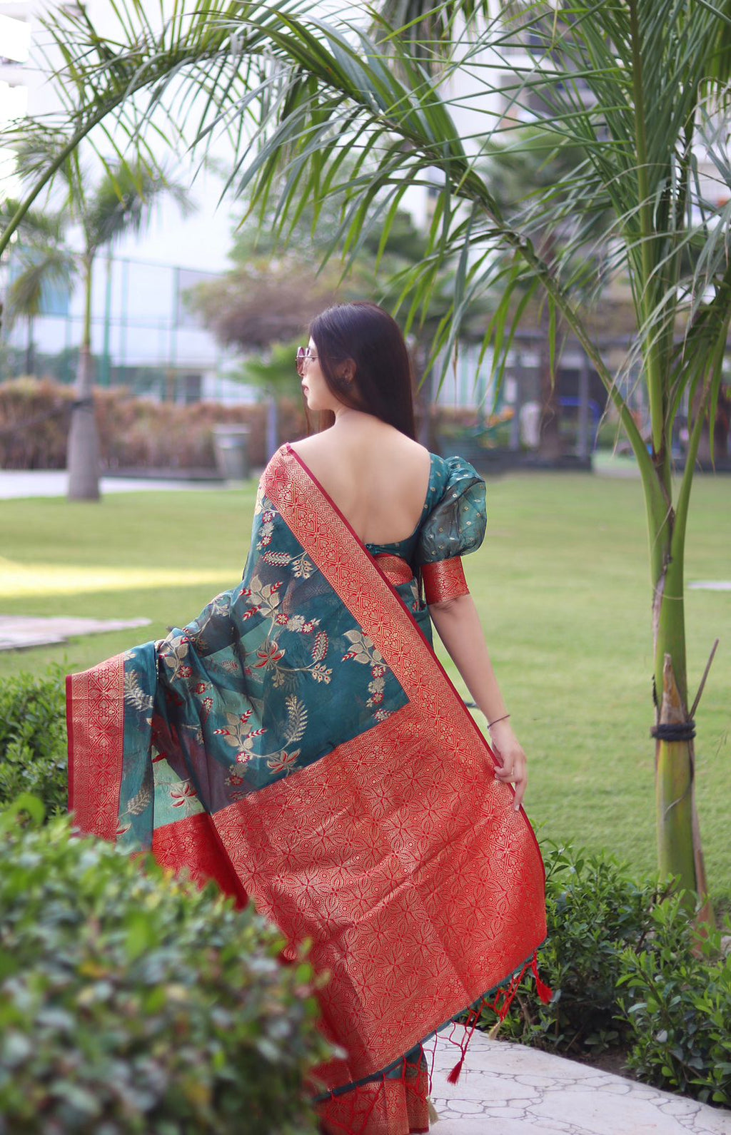 Devastating Rama Organza Silk Saree With Glowing Blouse Piece ClothsVilla