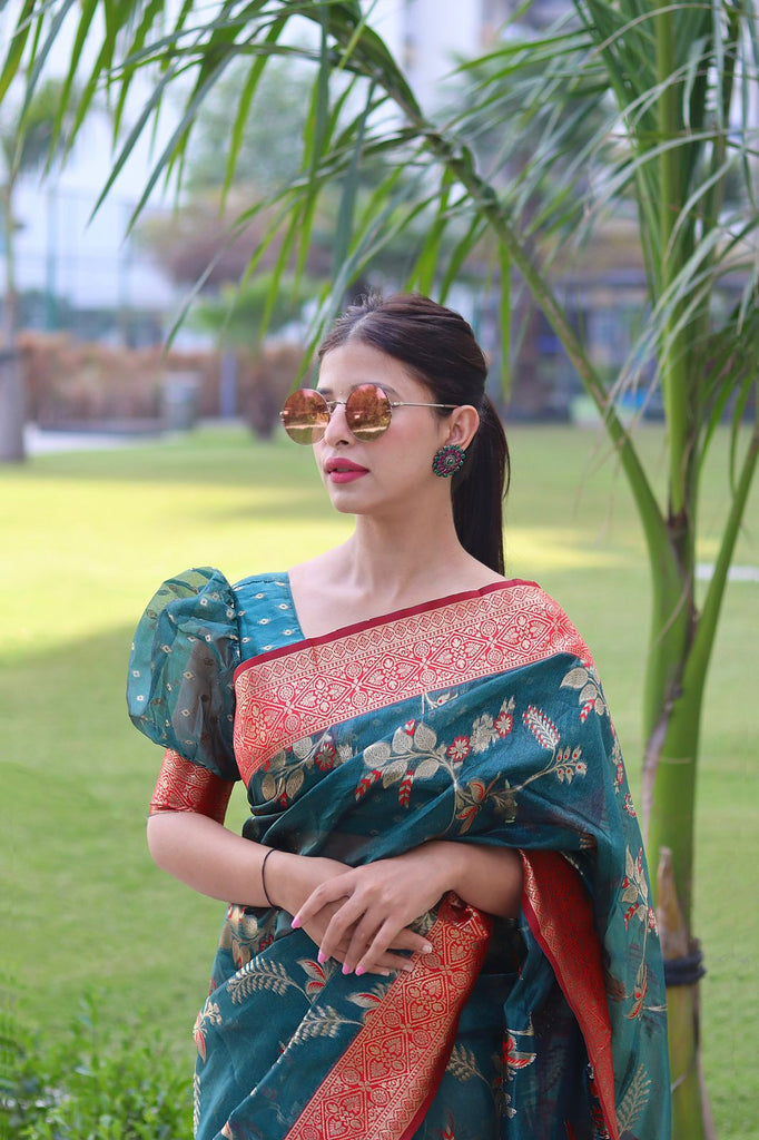 Devastating Rama Organza Silk Saree With Glowing Blouse Piece ClothsVilla