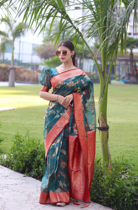 Devastating Rama Organza Silk Saree With Glowing Blouse Piece ClothsVilla Main image