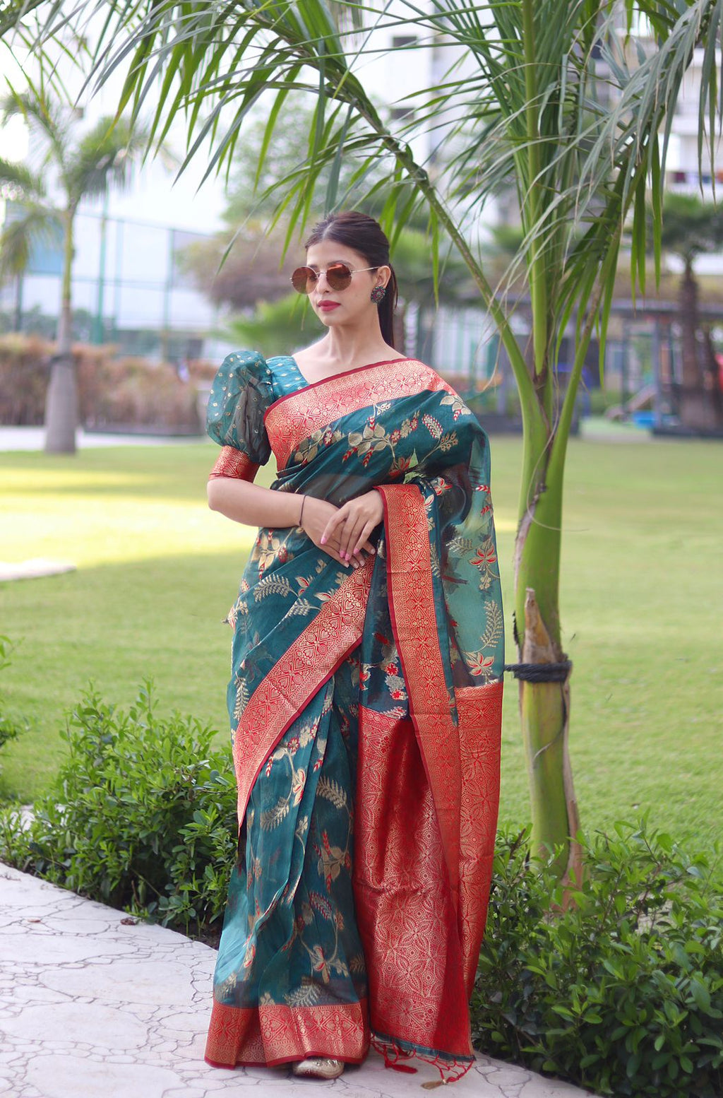 Devastating Rama Organza Silk Saree With Glowing Blouse Piece ClothsVilla