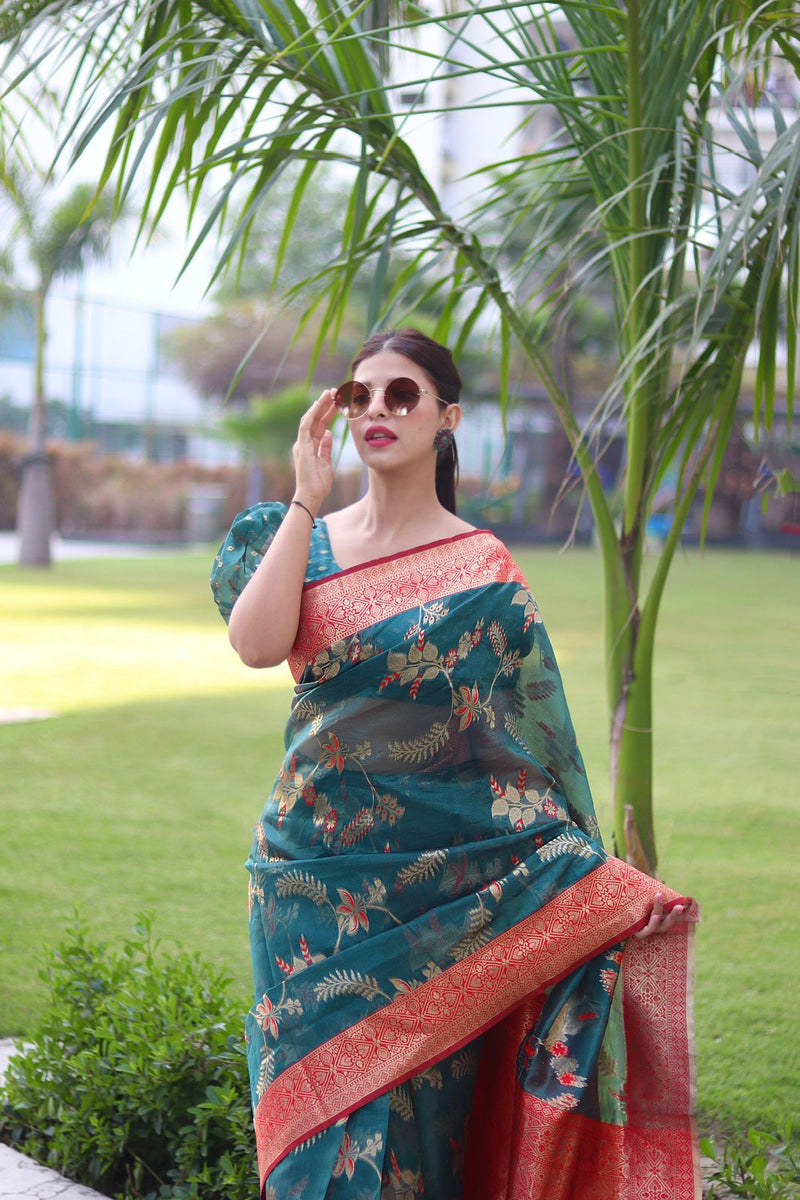 Devastating Rama Organza Silk Saree With Glowing Blouse Piec