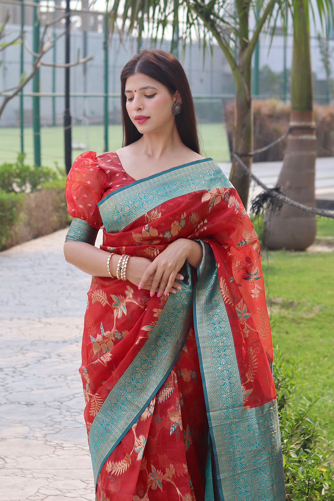 Smashing Red Organza Silk Saree With Demanding Blouse Piece ClothsVilla