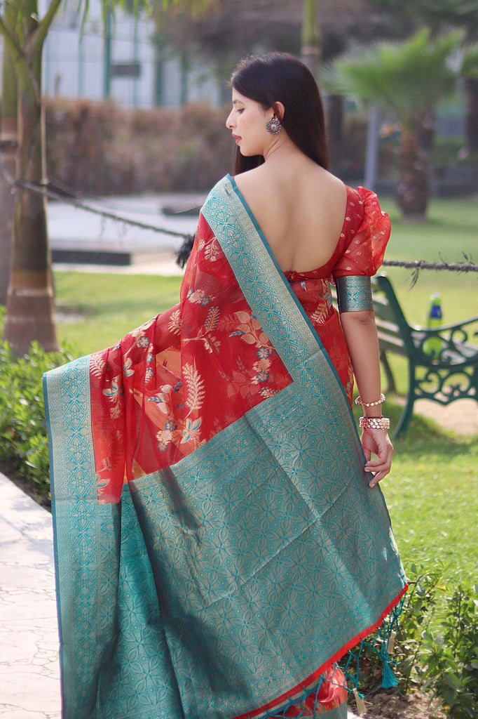 Smashing Red Organza Silk Saree With Demanding Blouse Piece ClothsVilla