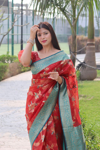 Smashing Red Organza Silk Saree With Demanding Blouse Piece ClothsVilla