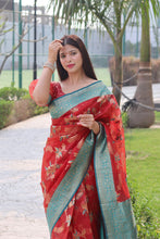 Load image into Gallery viewer, Smashing Red Organza Silk Saree With Demanding Blouse Piece ClothsVilla