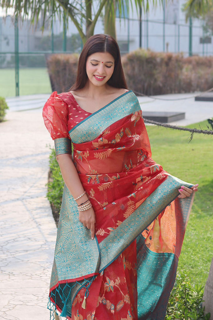 Smashing Red Organza Silk Saree With Demanding Blouse Piece ClothsVilla