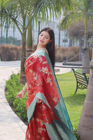 Smashing Red Organza Silk Saree With Demanding Blouse Piece ClothsVilla