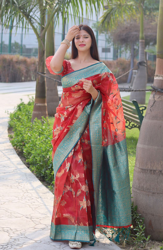 Smashing Red Organza Silk Saree With Demanding Blouse Piece ClothsVilla