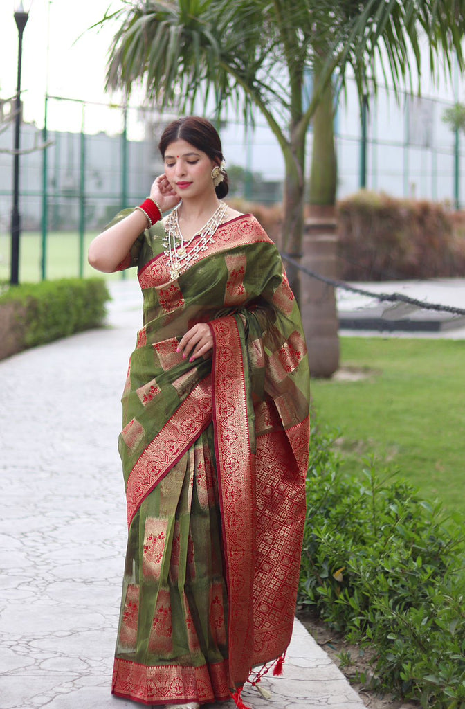 Trendy Green Organza Silk Saree With Dazzling Blouse Piece ClothsVilla