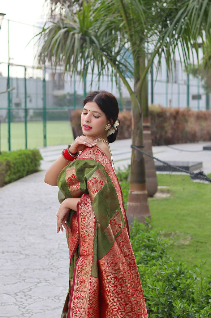 Trendy Green Organza Silk Saree With Dazzling Blouse Piece ClothsVilla