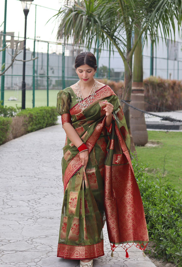 Trendy Green Organza Silk Saree With Dazzling Blouse Piece ClothsVilla