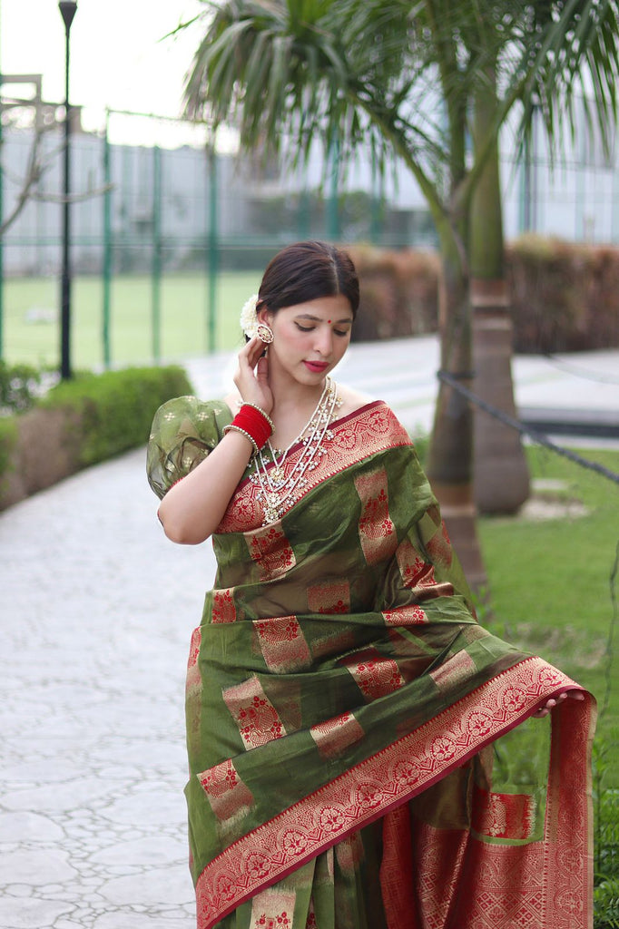 Trendy Green Organza Silk Saree With Dazzling Blouse Piece ClothsVilla