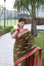 Load image into Gallery viewer, Trendy Green Organza Silk Saree With Dazzling Blouse Piece ClothsVilla