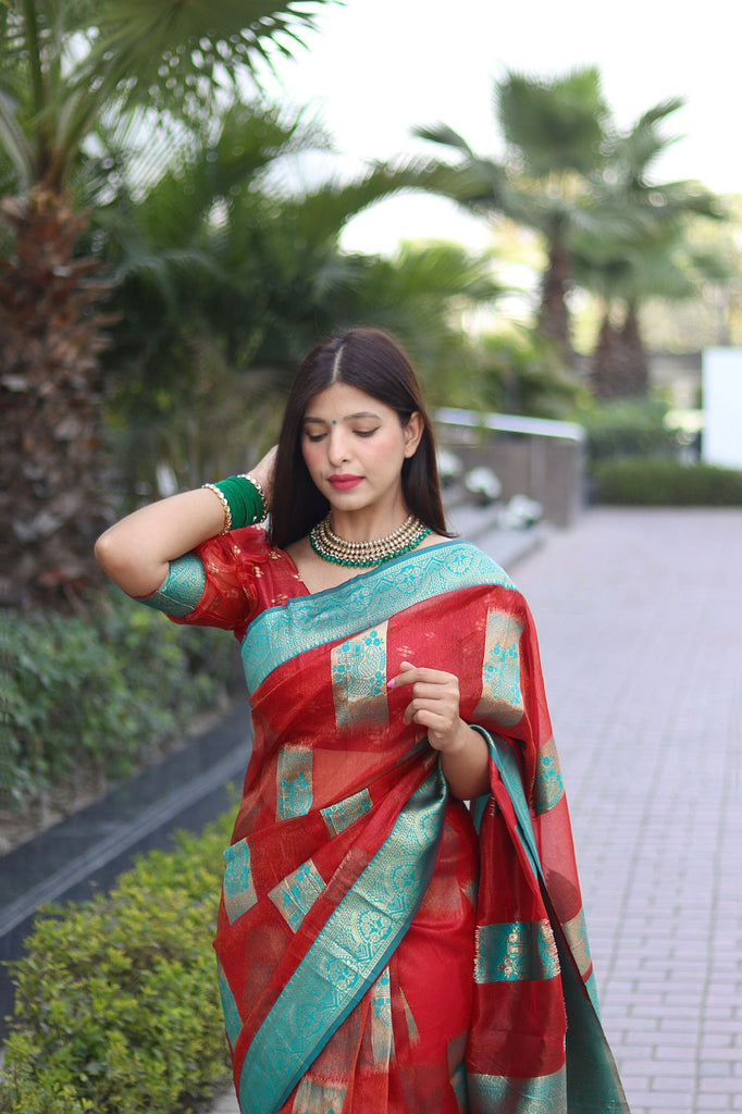 Elegant Red Organza Silk Saree With Dazzling Blouse Piece ClothsVilla