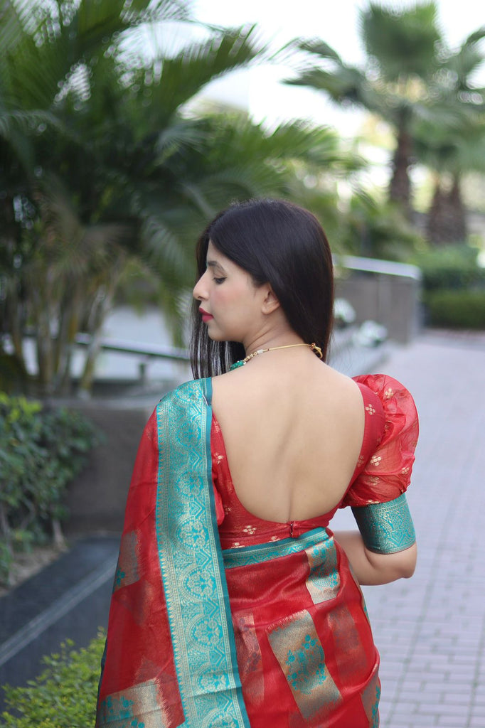 Elegant Red Organza Silk Saree With Dazzling Blouse Piece ClothsVilla