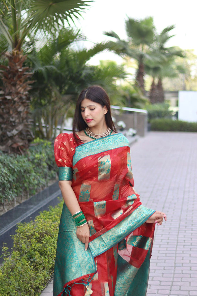 Elegant Red Organza Silk Saree With Dazzling Blouse Piece ClothsVilla