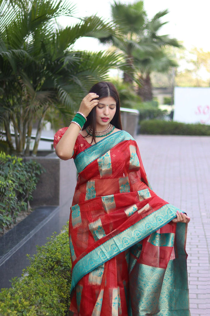 Elegant Red Organza Silk Saree With Dazzling Blouse Piece ClothsVilla