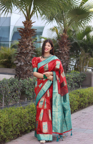 Elegant Red Organza Silk Saree With Dazzling Blouse Piece ClothsVilla
