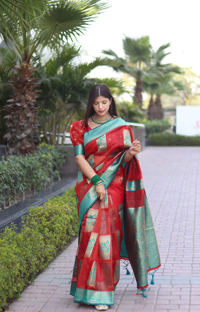 Elegant Red Organza Silk Saree With Dazzling Blouse Piece ClothsVilla