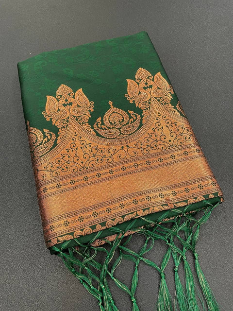 Innovative Dark Green Soft Banarasi Silk Saree With Snazzy Blouse Piece ClothsVilla Main image